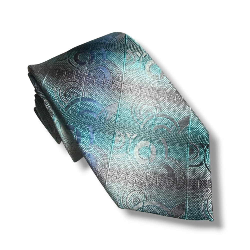 Van Heusen Mens Teal Grey Geometric 100% Silk Necktie Abstract 3.25" W 59" L Tie